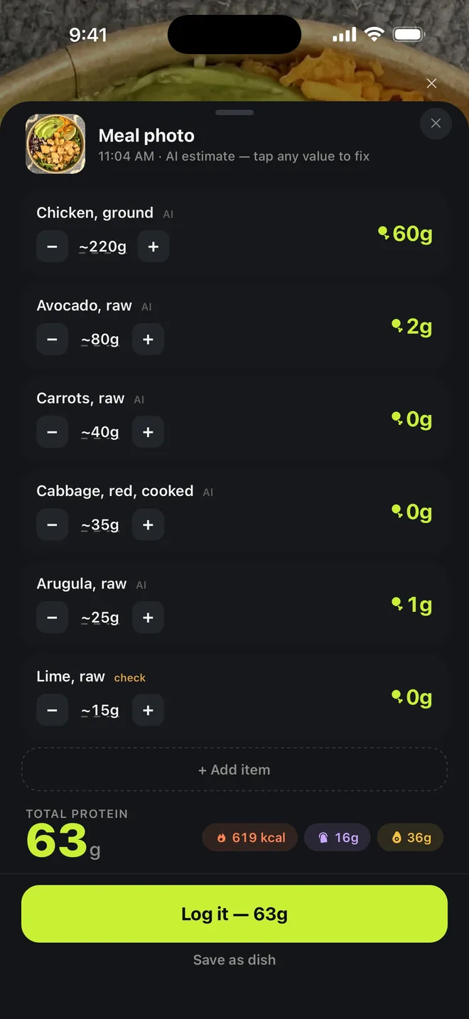 A meal photo analyzed: chicken 220 g with 60 g protein, avocado, carrots, cabbage, arugula — 63 g protein total